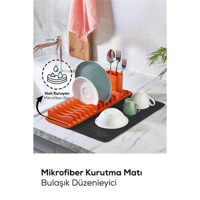 Vienev 2li Pratik Bulaşık Kurutma Matı Ve Düzenleyici Set Turuncu