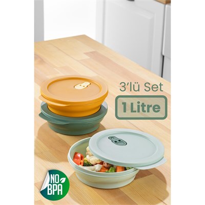 Vienev 3lü 1 Litre Mikrodalgaya Girebilen Kapaklı Saklama Kabı Seti Renkli