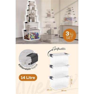 Vienev 3lü 14 Litre Kilitli Kapaklı Saklama Ve Erzak Kutusu 33124
