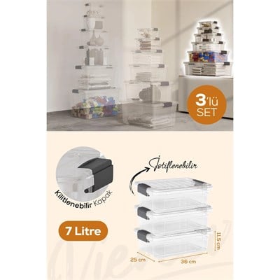Vienev 3lü 7 Litre Kilitli Kapaklı Saklama Ve Erzak Kutusu 33104