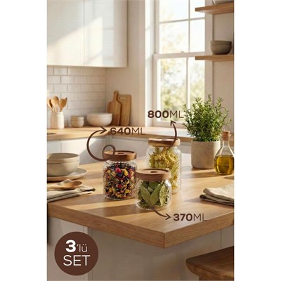 Vienev 3lü Ahşap Kapaklı Dokulu Cam Kavanoz Seti | Baharatlık Ve Bakliyat Saklama Kabı 370ml-640ml-800ml