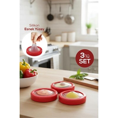 Vienev 3lü Buzdolabı Için Yarım Meyve Ve Sebze Koruma Kabı - Limon, Soğan, Domates Saklama Kutusu Kırmızı