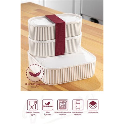 Vienev 3lü Elastik Bantlı İstiflenebilir Pratik Saklama Kabı Seti 2x 1100 Ml 1x 2600 Ml Bej