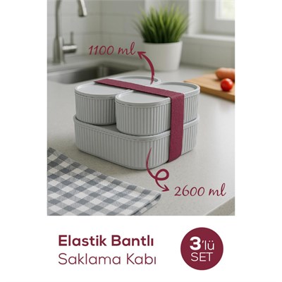 Vienev 3lü Elastik Bantlı İstiflenebilir Pratik Saklama Kabı Seti 2x 1100 Ml 1x 2600 Ml Gri