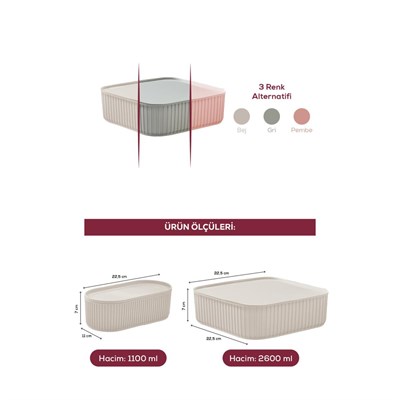 Vienev 3lü Elastik Bantlı İstiflenebilir Pratik Saklama Kabı Seti 2x 1100 Ml 1x 2600 Ml Bej