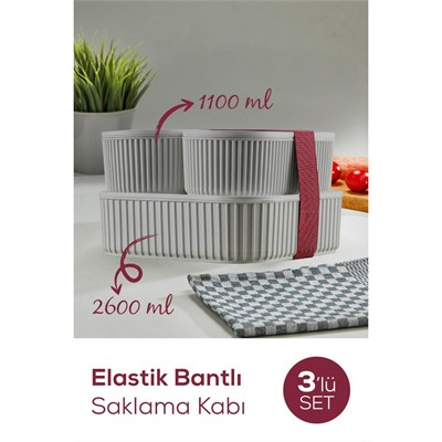 Vienev 3lü Elastik Bantlı İstiflenebilir Pratik Saklama Kabı Seti 2x 1100 Ml 1x 2600 Ml Gri