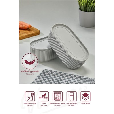Vienev 3lü Elastik Bantlı İstiflenebilir Pratik Saklama Kabı Seti 2x 1100 Ml 1x 2600 Ml Gri
