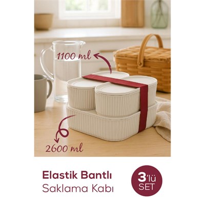 Vienev 3lü Elastik Bantlı İstiflenebilir Pratik Saklama Kabı Seti 2x 1100 Ml 1x 2600 Ml Bej