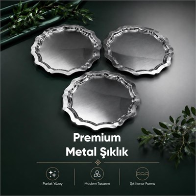 Vienev 3lü Metal Sunum Tabağı Seti 24 Cm - Çiçek Dekor Sunum Tepsi