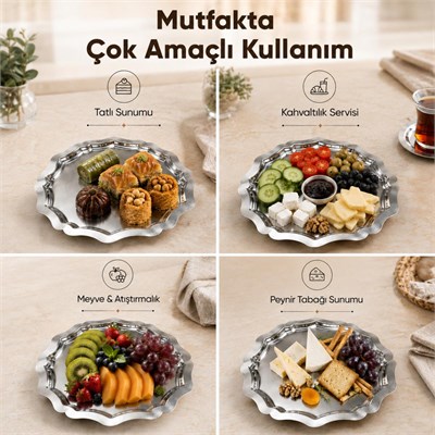 Vienev 3lü Metal Sunum Tabağı Seti 24 Cm - Çiçek Dekor Sunum Tepsi