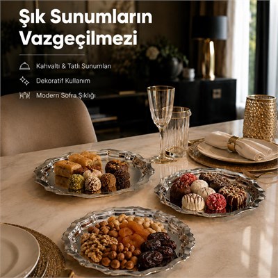 Vienev 3lü Metal Sunum Tabağı Seti 24 Cm - Çiçek Dekor Sunum Tepsi