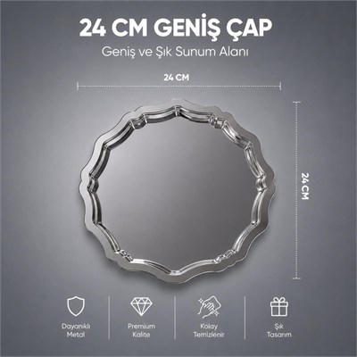 Vienev 3lü Metal Sunum Tabağı Seti 24 Cm - Çiçek Dekor Sunum Tepsi