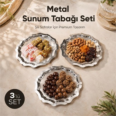 Vienev 3lü Metal Sunum Tabağı Seti 24 Cm - Çiçek Dekor Sunum Tepsi