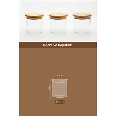 Vienev 3lü Set Bambu Kapaklı Cam Kavanoz 230 Ml - Erzak Düzenleyici Saklama Kabı (6,5x8cm)