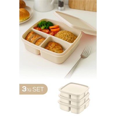 Vienev 3lü Set Bölmeli Kare Saklama Kabı Bej