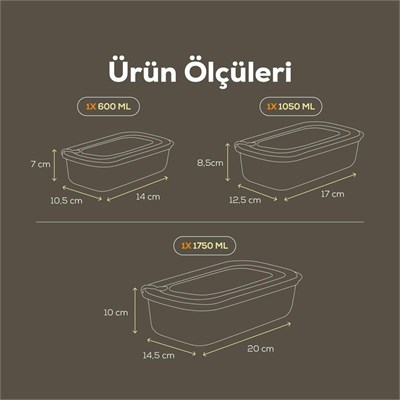 Vienev 3lü Vip Dikdörtgen Mikrodalga Ve Difrize Uygun Saklama Kabı Seti Gri 1x(1750,1050,600 Ml)