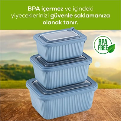 Vienev 3lü Vip Dikdörtgen Mikrodalga Ve Difrize Uygun Saklama Kabı Seti Mavi 1x(1750,1050,600 Ml)