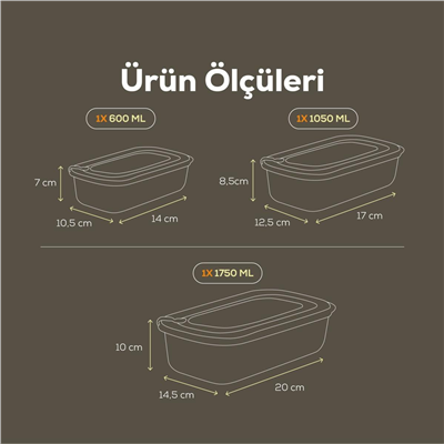 Vienev 3lü Vip Dikdörtgen Mikrodalga Ve Difrize Uygun Saklama Kabı Seti Bej 1x(1750,1050,600 Ml)