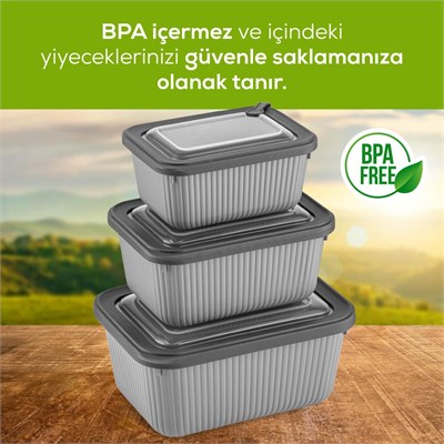 Vienev 3lü Vip Dikdörtgen Mikrodalga Ve Difrize Uygun Saklama Kabı Seti Gri 1x(1750,1050,600 Ml)