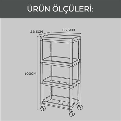 Vienev 4 Katlı Tekerlekli Çok Amaçlı Mutfak Ve Banyo Rafı Siyah