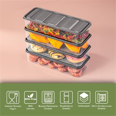 Vienev 4lü 1,65 Litre Buzdolabı Düzenleyici Organizer Mikrodalgaya Uygun Difriz Saklama Kabı Gri