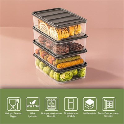 Vienev 4lü 1,75 Litre Buzdolabı Düzenleyici Organizer Mikrodalgaya Uygun Difriz Saklama Kabı Gri
