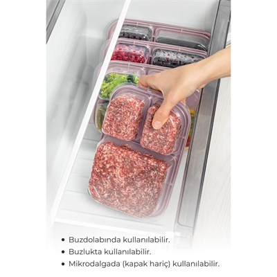 Vienev 4lü 3 Bölmeli Dikdörtgen Saklama Kabı 1,15 Litre Pembe