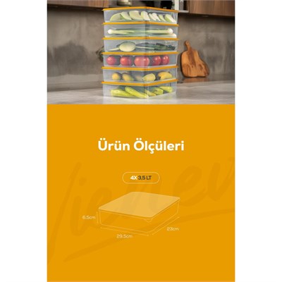 Vienev 4lü 3,5 Litre Buzdolabı Dondurucu Organizer Mikrodalga Ve Difrize Uygun Saklama Kabı Turuncu