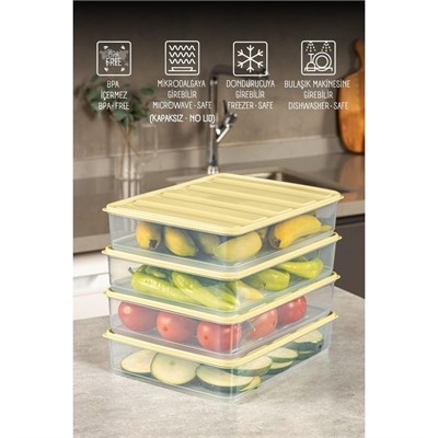Vienev 4lü 3,5 Litre Buzdolabı Dondurucu Organizer Mikrodalga Ve Difrize Uygun Saklama Kabı Sarı