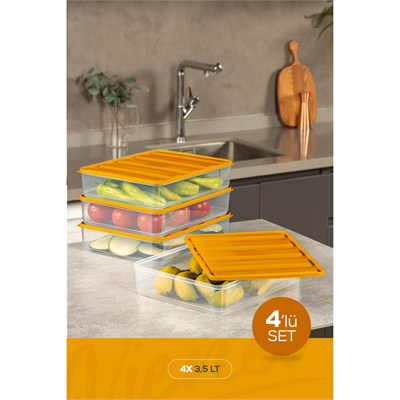 Vienev 4lü 3,5 Litre Buzdolabı Dondurucu Organizer Mikrodalga Ve Difrize Uygun Saklama Kabı Turuncu