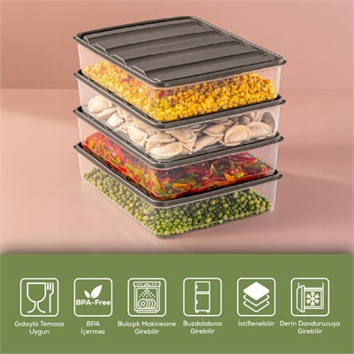 Vienev 4lü 3,5 Litre Buzdolabı Düzenleyici Organizer Mikrodalgaya Uygun Difriz Saklama Kabı Gri