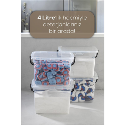 Vienev 4lü 4 Litre Beyaz Etiketli Toz Tablet Deterjan Saklama Kabı - Deterjan Kutusu Beyaz