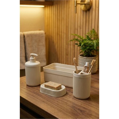 Vienev 4lü Banyo Seti 550 Ml Bej - Sıvı Sabunluk, Diş Fırçalık Ve Çok Amaçlı Düzenleyici Organizer
