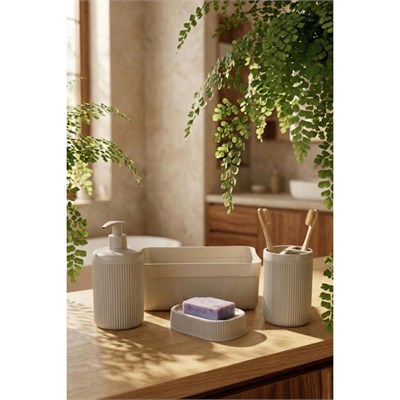 Vienev 4lü Banyo Seti 550 Ml Bej - Sıvı Sabunluk, Diş Fırçalık Ve Çok Amaçlı Düzenleyici Organizer