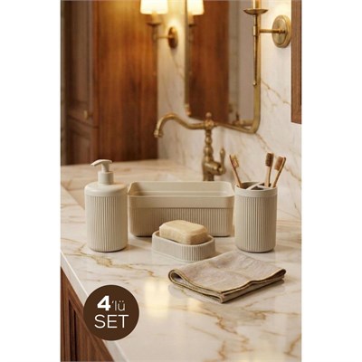Vienev 4lü Banyo Seti 550 Ml Bej - Sıvı Sabunluk, Diş Fırçalık Ve Çok Amaçlı Düzenleyici Organizer