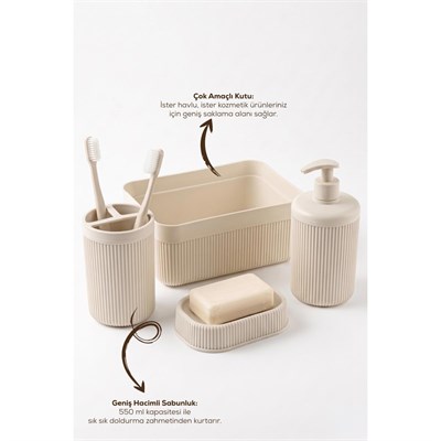 Vienev 4lü Banyo Seti 550ml Krem - Sıvı Sabunluk, Diş Fırçalık Ve Çok Amaçlı Düzenleyici Organizer
