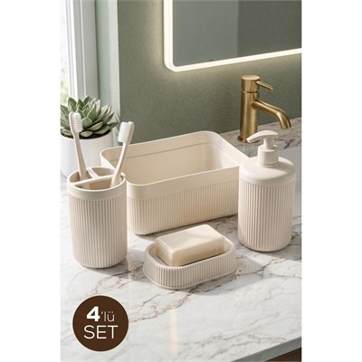 Vienev 4lü Banyo Seti 550ml Krem - Sıvı Sabunluk, Diş Fırçalık Ve Çok Amaçlı Düzenleyici Organizer
