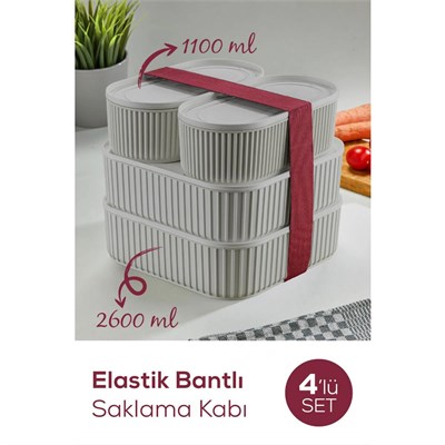 Vienev 4lü Elastik Bantlı İstiflenebilir Pratik Saklama Kabı Seti 2x 1100 Ml 2x 2600 Ml Gri