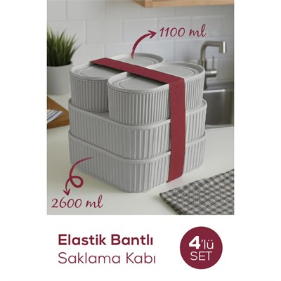 Vienev 4lü Elastik Bantlı İstiflenebilir Pratik Saklama Kabı Seti 2x 1100 Ml 2x 2600 Ml Gri