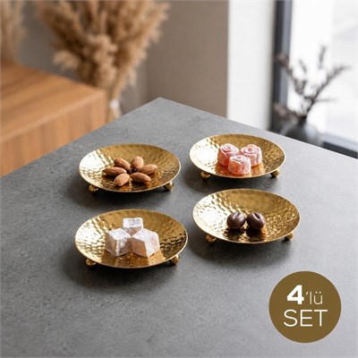 Vienev 4lü Gold Renk Metal Mini Lokumluk - Dövme Desenli Sunum Tabağı