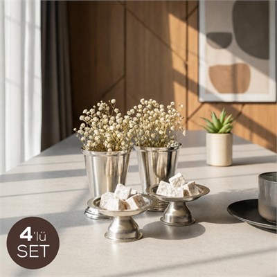 Vienev 4lü Gümüş Renk Kahve Yanı Sunum Seti - 2x(ayaklı Lokumluk, Mini Gül Kovası) - Çeyizlik İkramlık