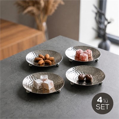 Vienev 4lü Gümüş Renk Metal Mini Lokumluk - Dövme Desenli Sunum Tabağı
