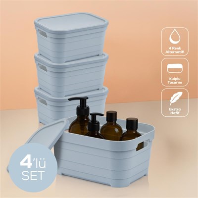 Vienev 4lü Kapaklı 3,8 Litre Saklama Kutusu Mavi