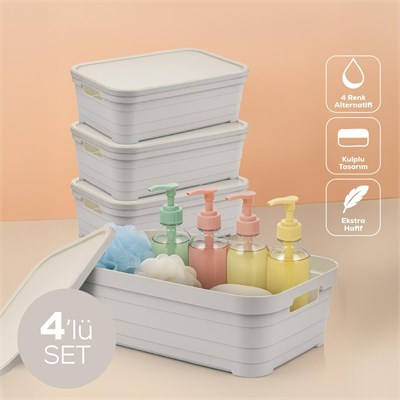 Vienev 4lü Kapaklı 8,2 Litre Saklama Kutusu Bej