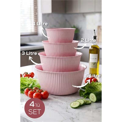 Vienev 4lü Mega Boy Plastik Karıştırma Ve Saklama Kase Seti Pembe | 1l, 2l, 3l, 5l