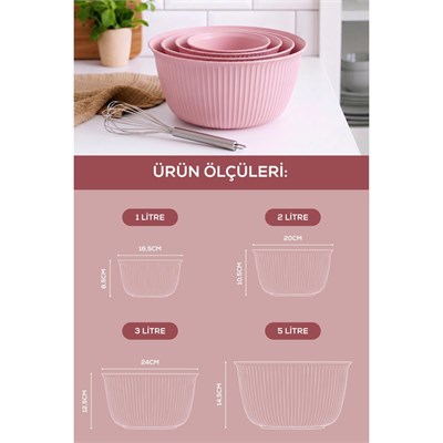 Vienev 4lü Mega Boy Plastik Karıştırma Ve Saklama Kase Seti Pembe | 1l, 2l, 3l, 5l