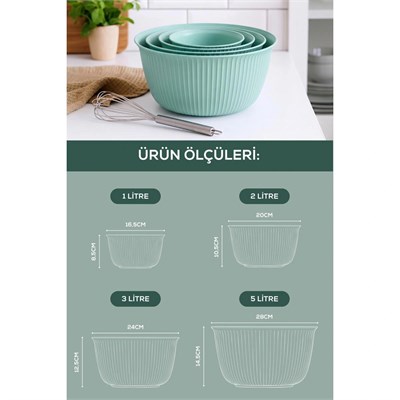 Vienev 4lü Mega Boy Plastik Karıştırma Ve Saklama Kase Seti Mint Yeşili | 1l, 2l, 3l, 5l