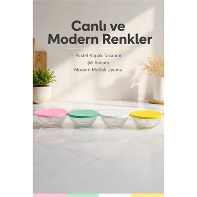 Vienev 4lü Renkli Kapaklı Cam Kase Seti 415 Cc - Kahvaltılık Saklama Kabı