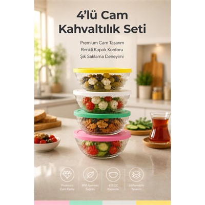 Vienev 4lü Renkli Kapaklı Cam Kase Seti 415 Cc - Kahvaltılık Saklama Kabı