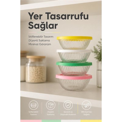 Vienev 4lü Renkli Kapaklı Cam Kase Seti 415 Cc - Kahvaltılık Saklama Kabı